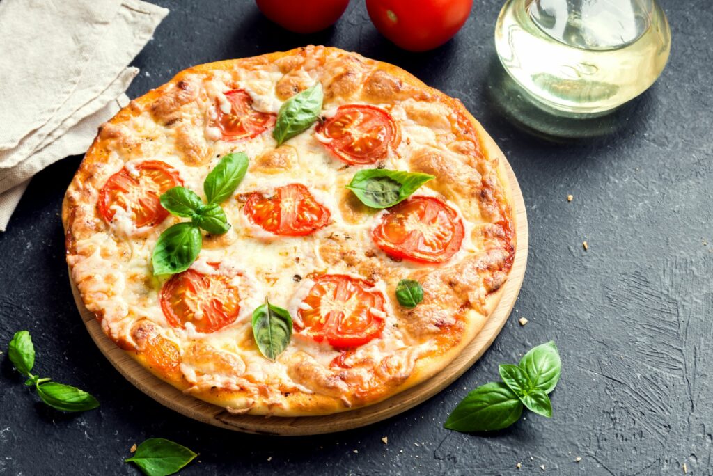 Margherita Pizza on a pizza stone
