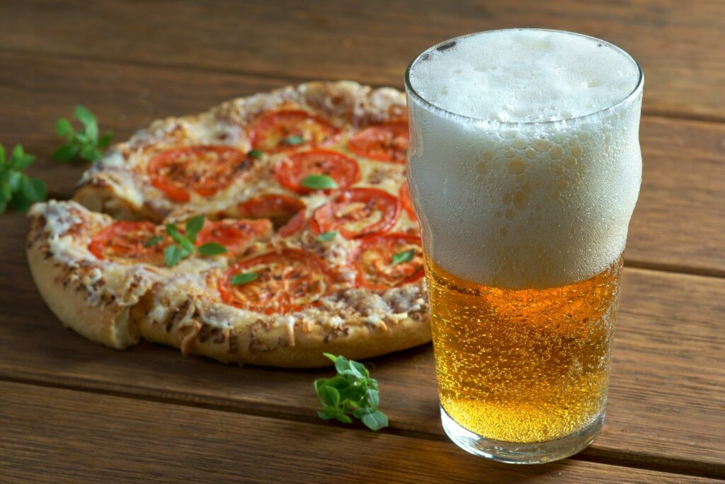 glass beer pizza Margherita  pizza